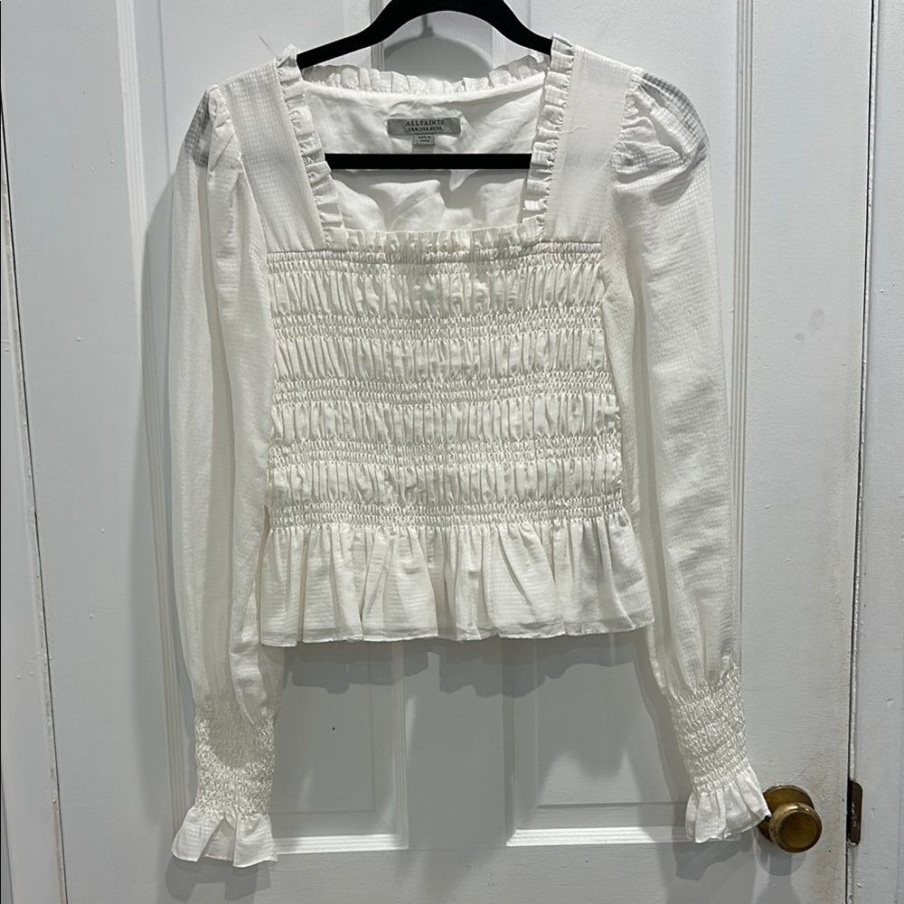 All Saints White Smocked Puff Sleeve Blouse